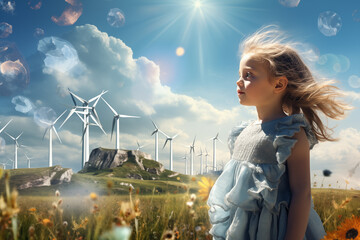 Junges Mädchen vor abstrakten Windturbinen und einer Blumenwiese, Konzept Energiewende für unsere Kinder