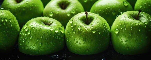 Fresh ripe green apple, healthy bio fruit food gardening banner panorama. Generative Ai