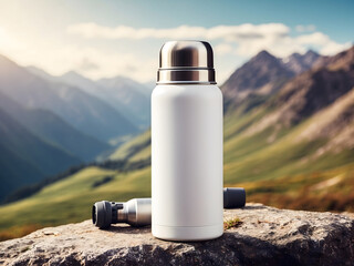White camping vacuum flask mockup in mountains design, thermos with blank space design. - obrazy, fototapety, plakaty