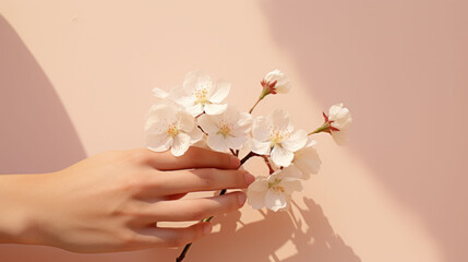 Gentle hands cradle cherry blossoms against a soft backdrop, a serene display of spring's delicate beauty.