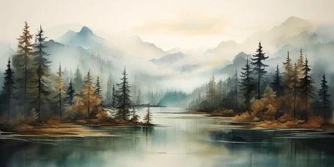Wall murals Forest in fog Watercolor drawing painting ink sketch nature outdoor forest lake mountain landscape view