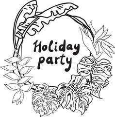Tropical holiday frame background with palm leaves and flowers. Decorative elements vector design for party invitation, summer sale, vacation paradise promotion. Hand drawn illustration.
