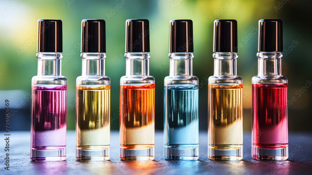 Aufkleber discover the essence of relaxation with transparent glass bottles filled with aromatic oils. a seren