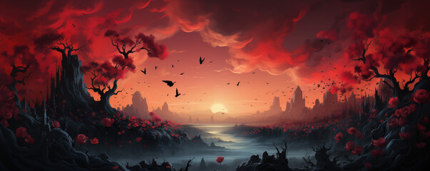 Bedrohlich schöne Fantasiewelt, Romantische Welt in rot mit Sonnenuntergang - obrazy, fototapety, plakaty