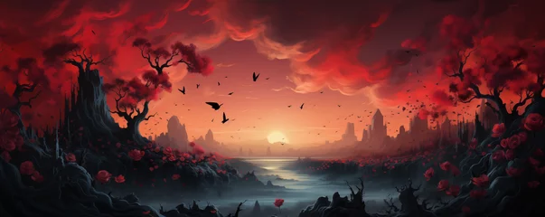 Fototapeten Bedrohlich schöne Fantasiewelt, Romantische Welt in rot mit Sonnenuntergang © GreenOptix