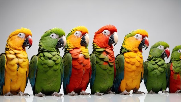 Different types of parrots isolated on an abstract white background.