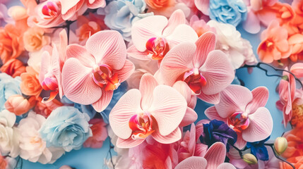Immerse in the exquisite beauty of a background adorned with blooming orchids. A vibrant and captivating image perfect for diverse creative projects.