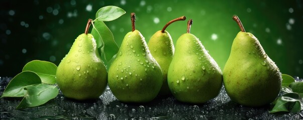 Fresh ripe green pears with detailed water drops healthy food banner panorama Generative Ai