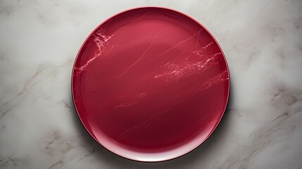 Top View of an empty Plate in red Colors on a white Marble Background. Elegant Template with Copy Space