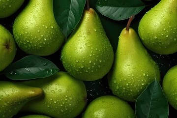 Many fresh ripe green pears with detailed water drops healthy food concept Generative Ai