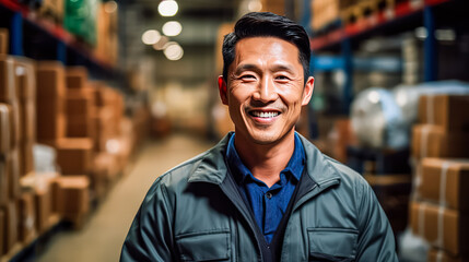 Obraz premium A warehouse worker stands and smiles in a logistics center. Asian worker in safety vest diligently working on shipping in the warehouse, showcasing efficiency in a distribution center.