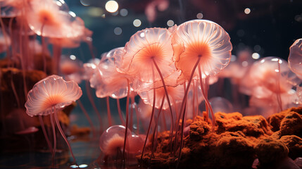 Quallen im Meer, Durchsichtige und reflektierende Quallen treiben im Wasser