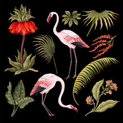 Pink flamingos and exotic flowers flowers. Vector.