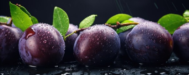 Fresh ripe plums, healthy bio fruit food gardening concept banner panorama. Generative Ai