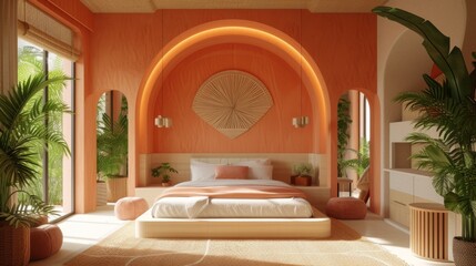 Airy bedroom with tropical plants and peach tones
