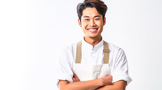 Radiating positivity, an Asian man in an apron smiles in a cheerful portrait against a clean white background. A delightful and approachable image for various concepts.