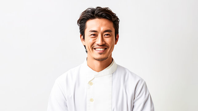 In a crisp white coat, an Asian man smiles warmly, portraying versatility as a kitchen or medical worker. A friendly and professional image against a clean white background.