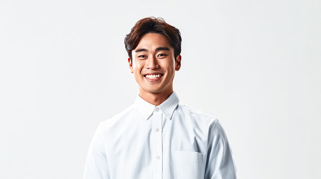 Capturing a charming moment, a smiling Asian man in a white shirt poses for a portrait against a clean white background. A simple and positive image suitable for diverse concepts.