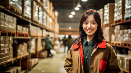 A young, smiling female worker, donned in a vest, efficiently manages a factory warehouse. She diligently checks stocks, organizes deliveries, and prepares products for packaging and orders. A portray