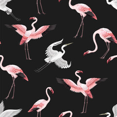 Obraz premium Seamless pattern with pink flamingos and white herons. Vector.