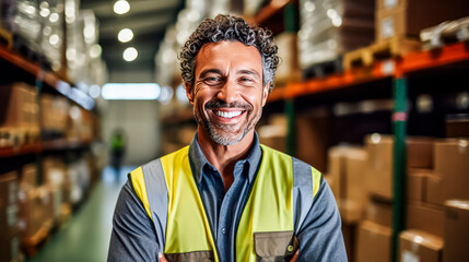 Radiating positivity, an African warehouse worker smiles, bringing warmth and cheer to the workplace. A vibrant and approachable image for diverse concepts and designs. - Powered by Adobe