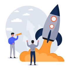 New idea, start up vector illustration. Businessmen creates new ideas. Project launch - Team of business people launching rocket, celebrating and cheering. Startup mentoring, business opportunity. 