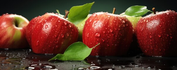 Fresh ripe red apples, healthy bio fruit food gardening concept banner panorama. Generative Ai