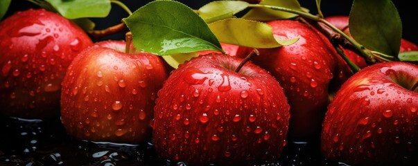 Fresh ripe red apples, healthy bio fruit food gardening concept banner panorama. Generative Ai