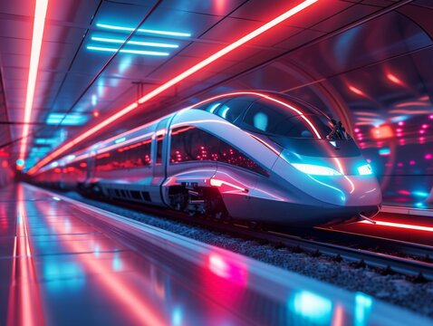A sleek maglev train stationed in a vibrant, neon-lit terminal with a futuristic ambiance - Powered by Adobe