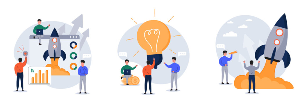 New idea, start up vector illustrations set. Businessmen creates new ideas. Project launch - Team of business people launching rocket, celebrating and cheering. Startup mentoring, business opportunity