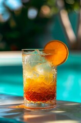 A refreshing orange cocktail by a serene pool, embodying relaxation and leisure