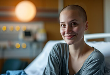 Smiling young woman after chemotherapy treatment at hospital oncology department. - obrazy, fototapety, plakaty