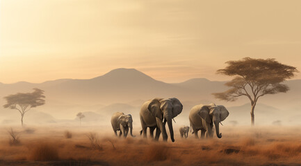 Gruppe von Elefanten in der Savanne, Elefantenfamilie in beeindruckendem Licht in der Steppe - obrazy, fototapety, plakaty