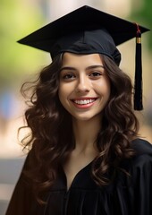 Portrait of happy university women student after her graduate with diploma. Gneerative Ai.