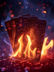A dramatic display of playing cards on fire, with a mysterious red glow