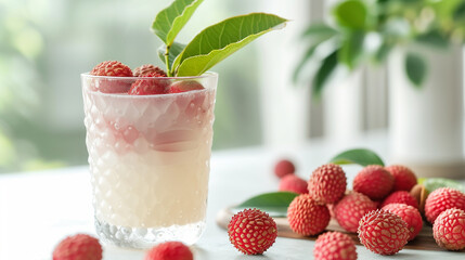 delicious lychee juice on a white table close-up