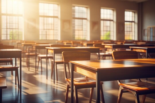 School clasroom with wooden furniture without kids at university with sunlight. Generative Ai.