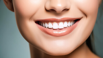 Fototapeta premium Captivate with a close up of a woman's lips, adorned with a charming smile. A delightful and positive image perfect for beauty and cosmetic concepts.