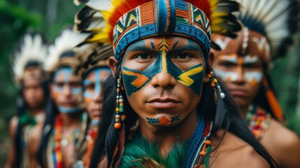 Obraz premium Portrait of indigenous Amazonian people with traditional face paint and headdress