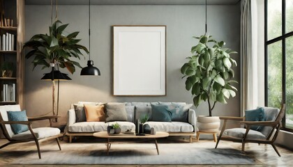 mockup poster frame hanging from the wall of a living room with modern interior