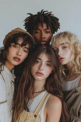 Four diverse young women posing intimately in casual wear, showcasing friendship
