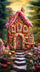 Gingerbread house in a magical forest clearing