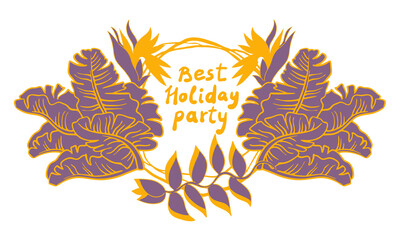 Tropical holiday frame background with palm leaves and flowers. Decorative elements design for party invitation, summer sale, vacation paradise promotion. Hand drawn illustration.