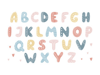 English cute children's alphabet in pastel colors. Flat cartoon ABC in Scandinavian style. Funny kids letters for design . Font for school education, preschool, nursery