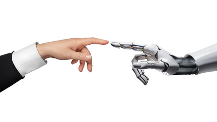 White cyborg robotic hand pointing his finger to human hand with stretched finger - cyber la...