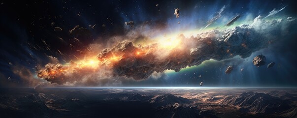 Meteor glowing as it enters the Earth's atmosphere, ultra realistic panorama. Generative Ai.