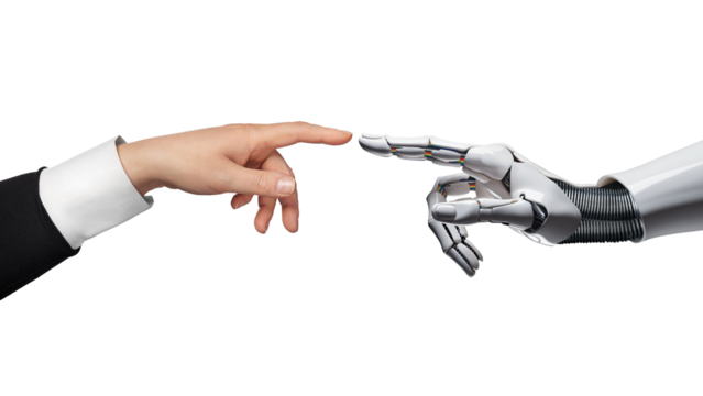 White cyborg robotic hand pointing his finger to human hand with stretched finger - cyber la creation - isolated on free PNG background.