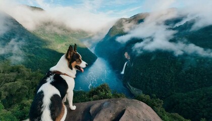 dog sitting on rock on a high mountain looking at the green jungle.