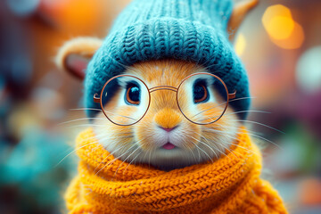 A cute fluffy rabbit with glasses is wearing a hat and scarf. Ai generative.