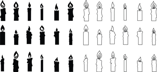 Candle icon in flat, line style set. isolated on transparent background represent the traditions and symbol of the Easter season Candles in candlesticks burning Candlelight flame vector for apps, web